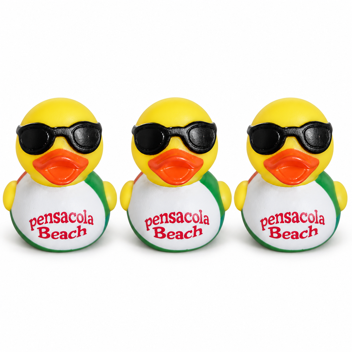 3 Pensacola Beach rubber ducks with sunglasses on a white background