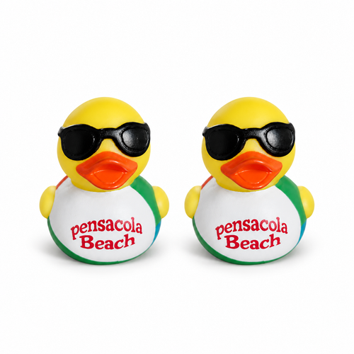 2 Pensacola Beach rubber ducks with sunglasses on a white background